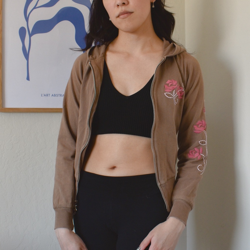 Vintage Rose Embroidered Zip Up Knit Hoodie in Brown